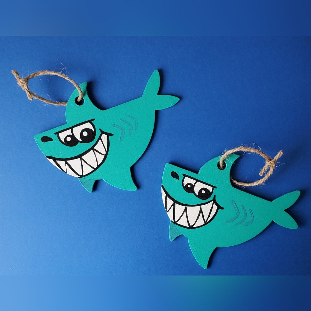 Original Cute Handmade Large Teal Shark Nautical 5" Wood Ornament